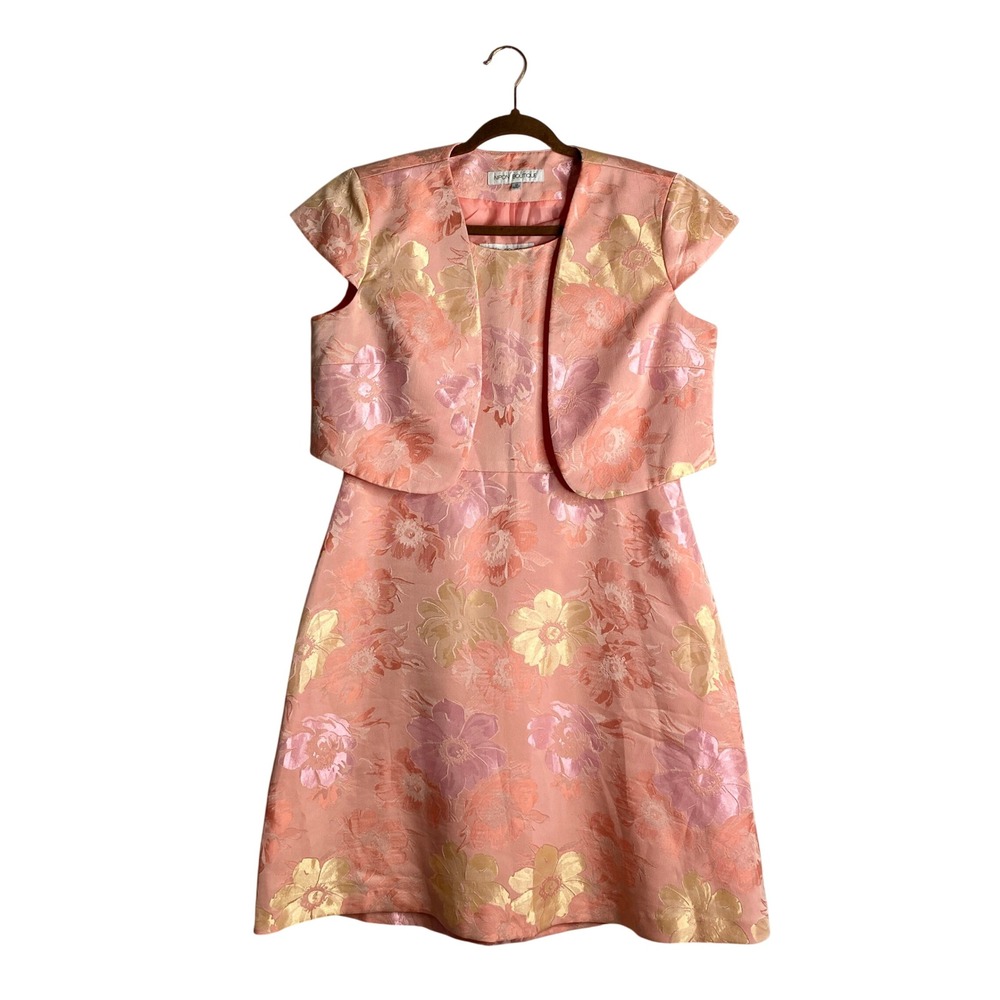 Nipon Boutique Dress Set 12 NWT Peach Metallic Floral Brocade Jacket Cocktail